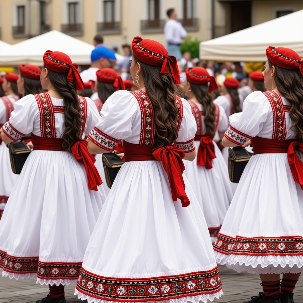 O scenă de festival balcanic cu costume tradiționale, muzică și dans, atmosferă vibrantă și decoruri colorate