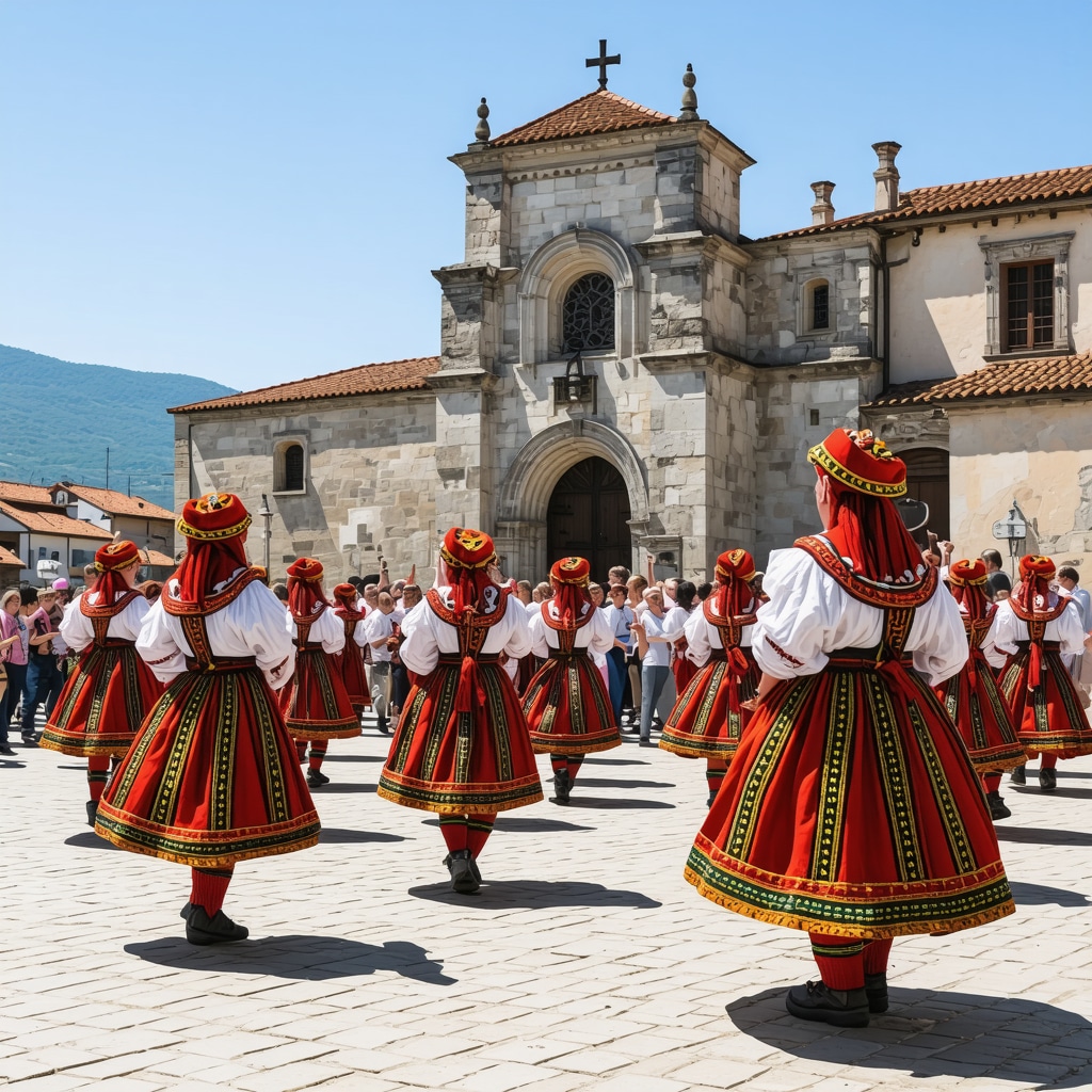 Scenă de festival tradițional balcanic cu costume colorate și dansatori în fața unei biserici vechi