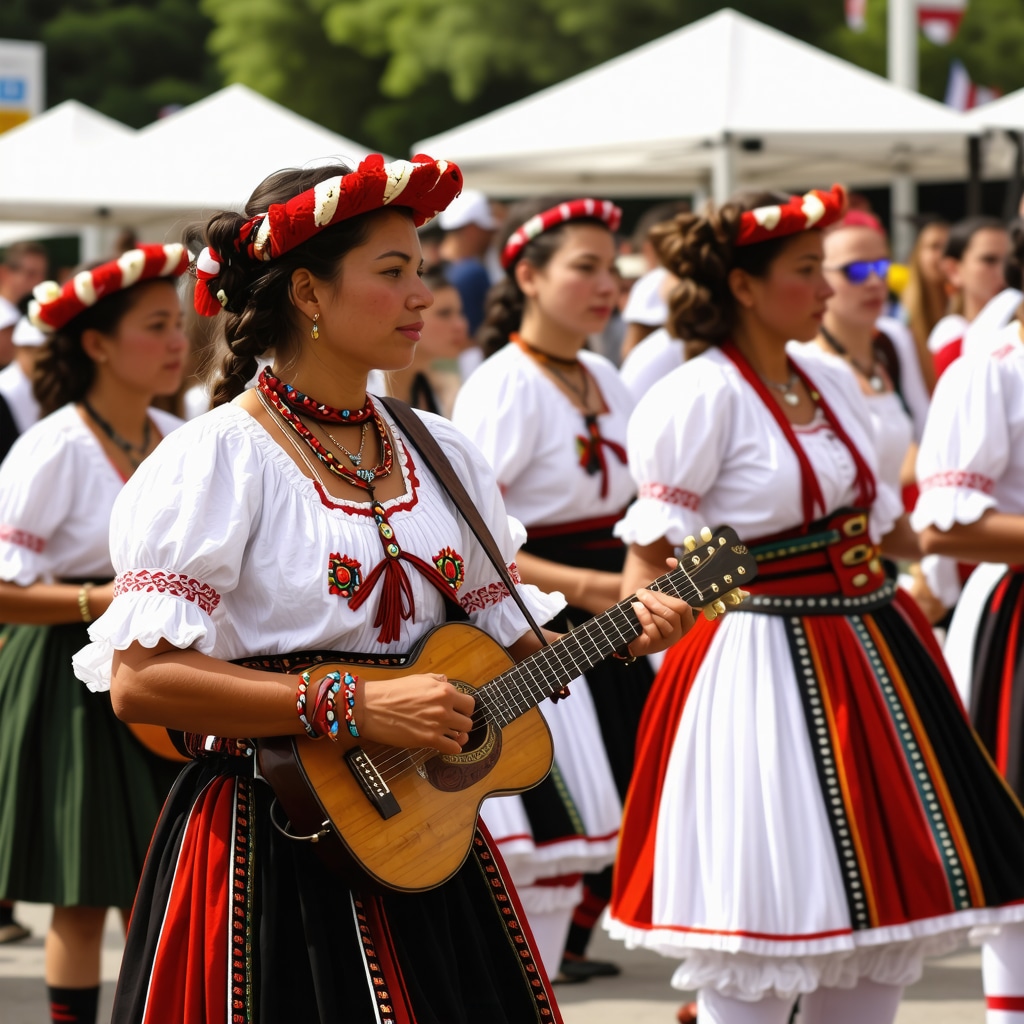 Scene dintr-un festival tradițional balcanic cu costume colorate și muzică live