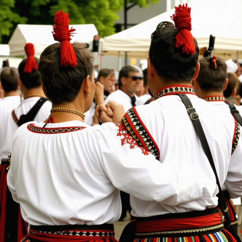 Dans tradițional balcanic cu costume colorate și muzică live