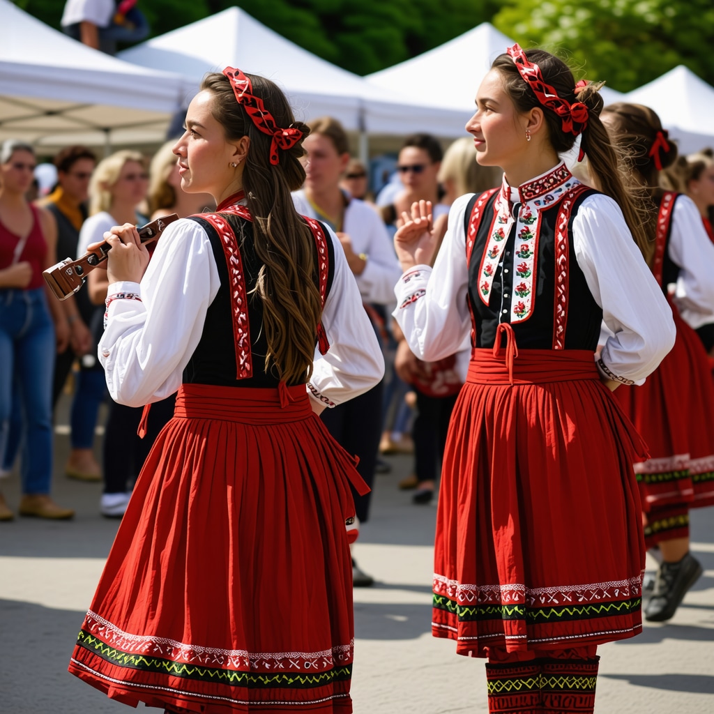 O scenă plină de culoare cu oameni în costume tradiționale balcanice, dansând și cântând
