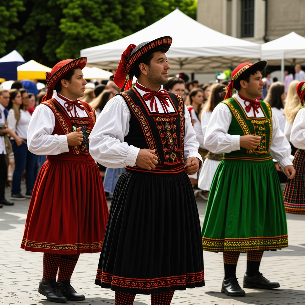 Festival tradițional balcanic cu costume, muzică și dansuri, atmosferă vibrantă