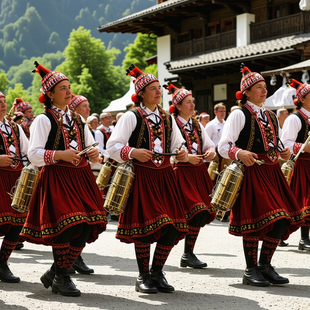Dans tradițional bulgăresc în munți cu muzicieni și costume colorate