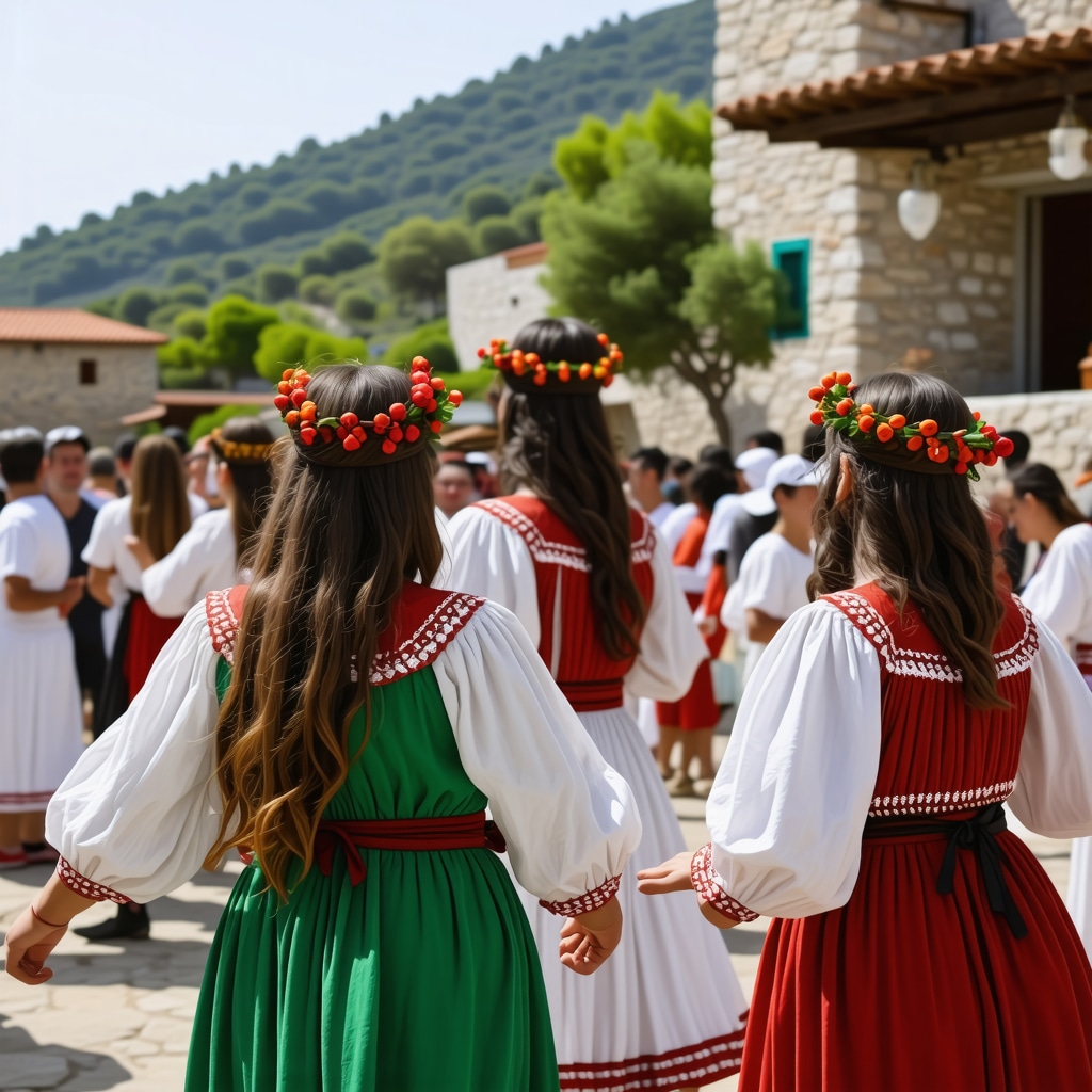 Local people in traditional Greek costumes dancing during a village festival in Greece