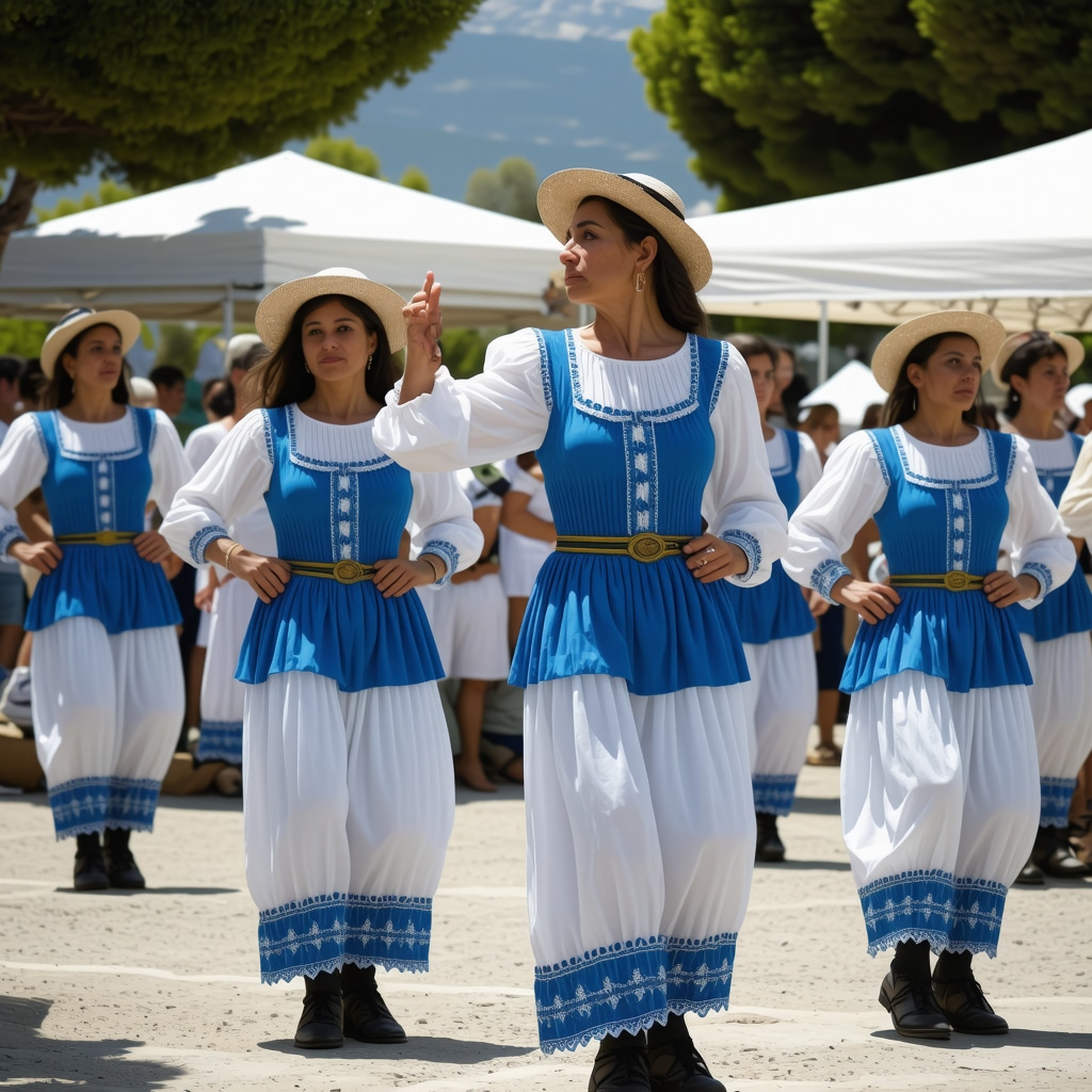 Festival tradițional grecesc cu costume autentice, muzică și dansuri, peisaj vibrant