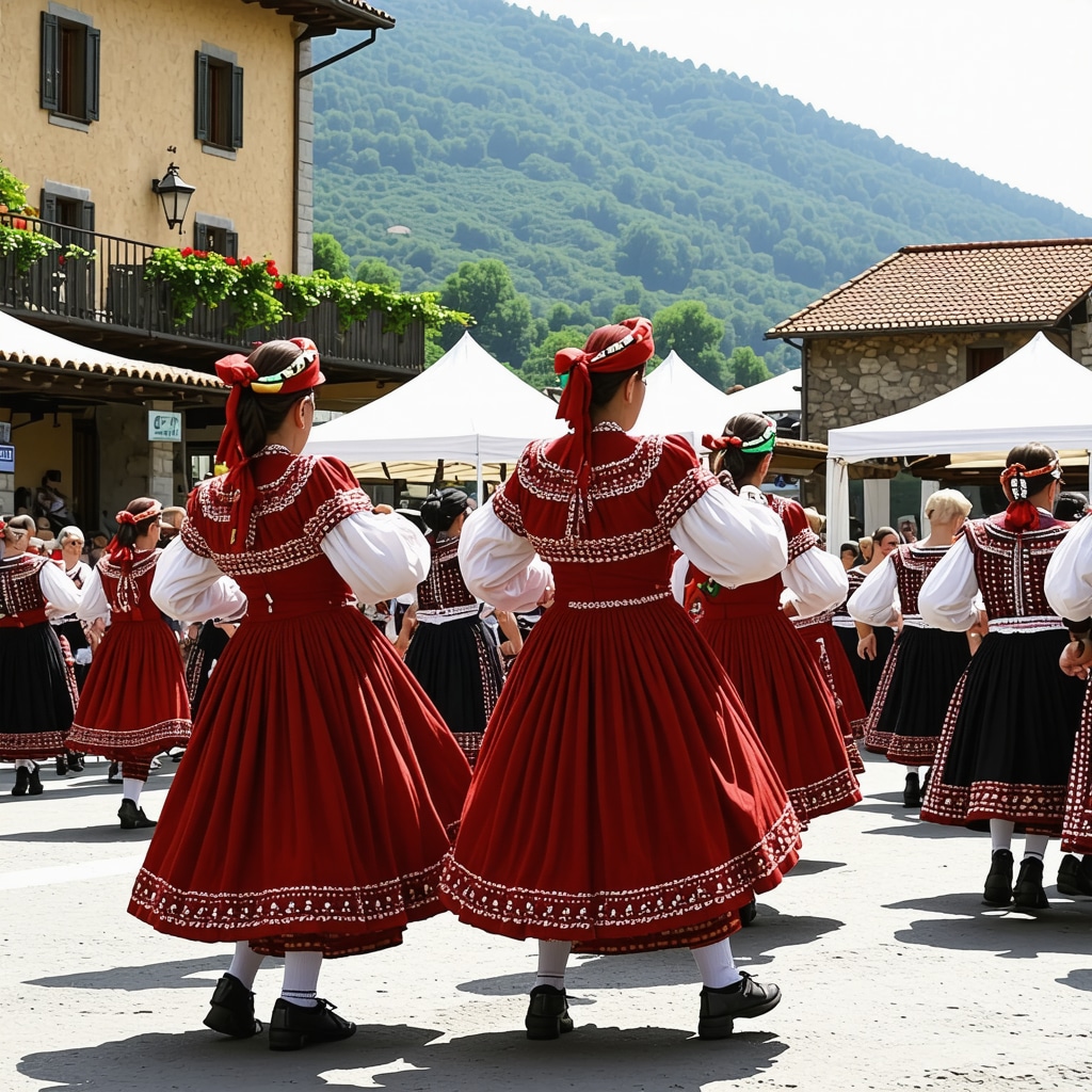 Festival tradițional balcanic cu dansuri și mâncare tradițională, peisaj pitoresc în 2025.