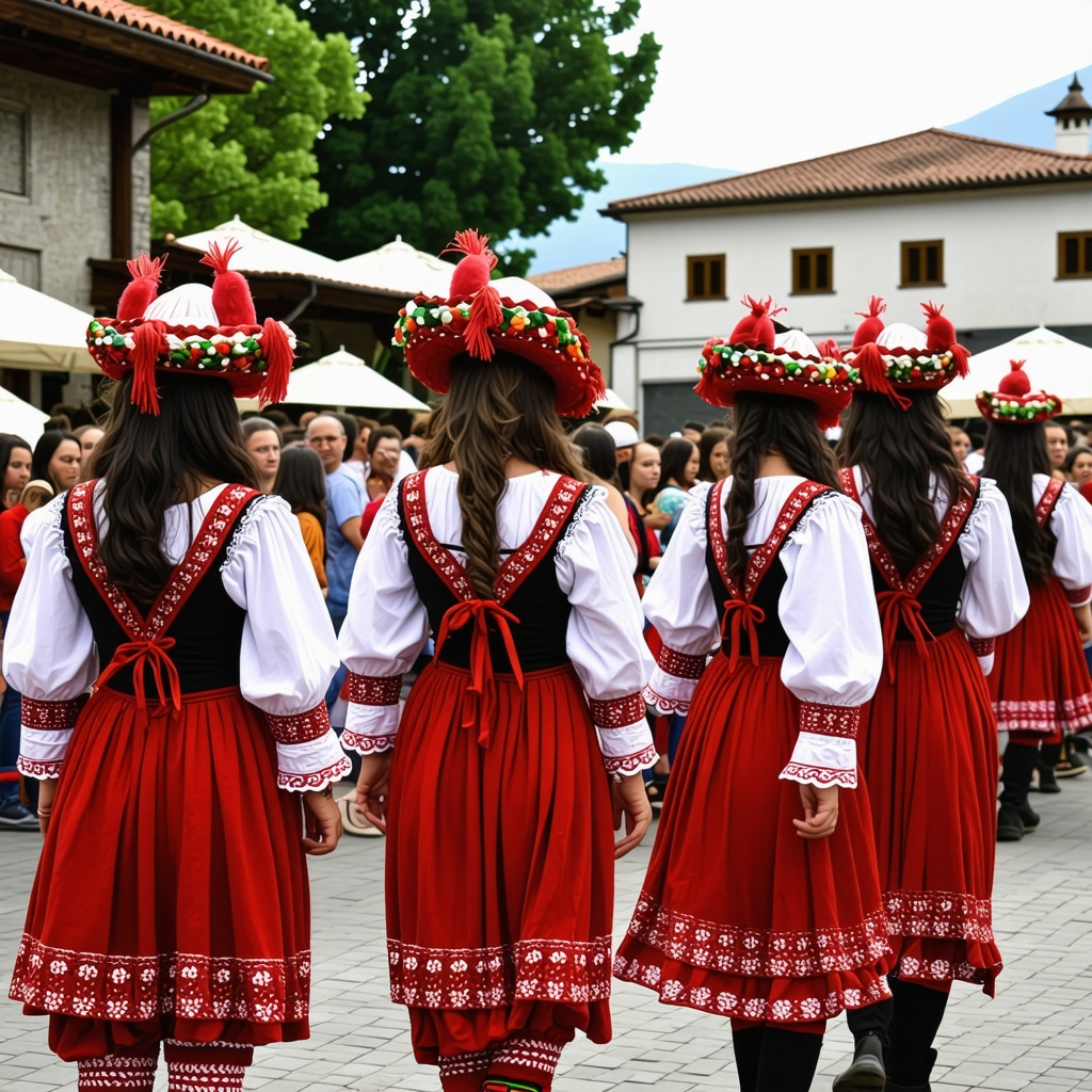 Dansatori în costume tradiționale și muzicieni locali în timpul unui festival în Gjakova