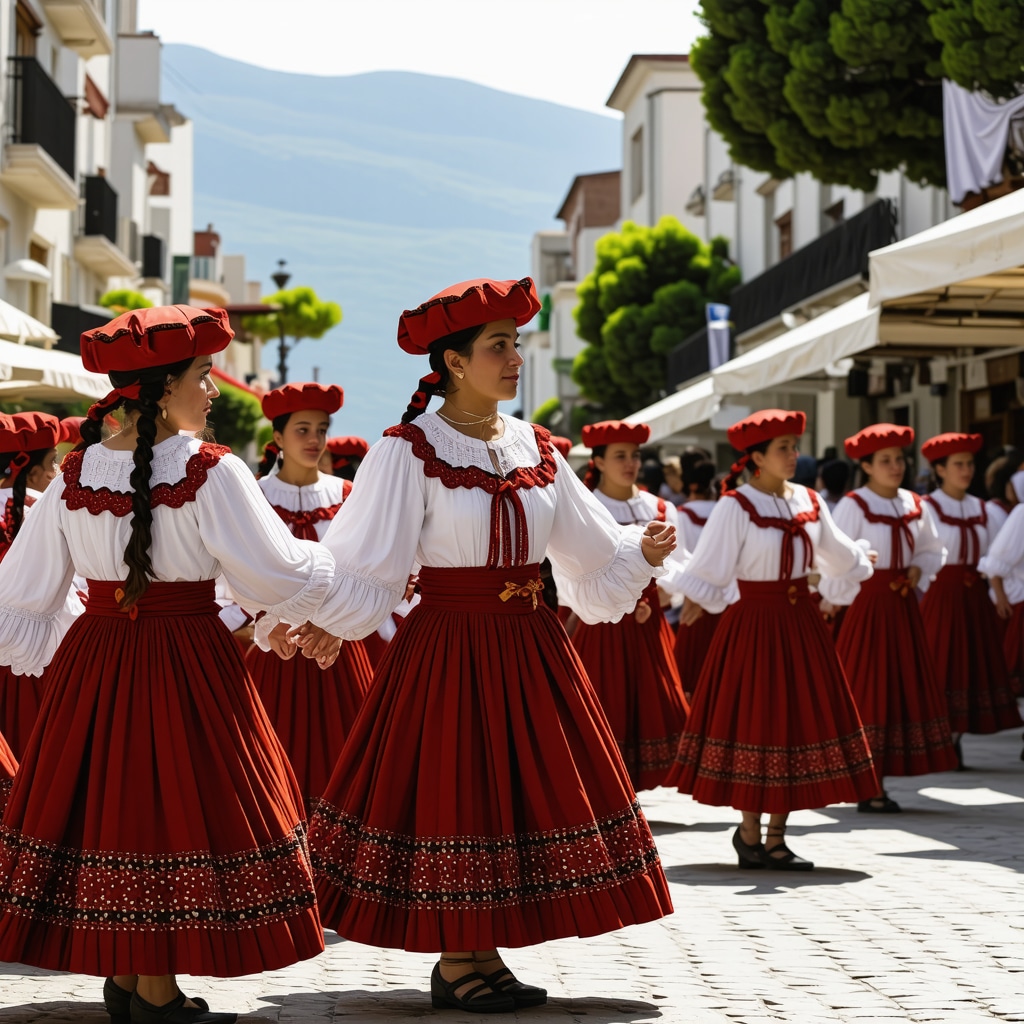 O scenă plină de culoare cu dansatori în costume tradiționale la un festival în Patras