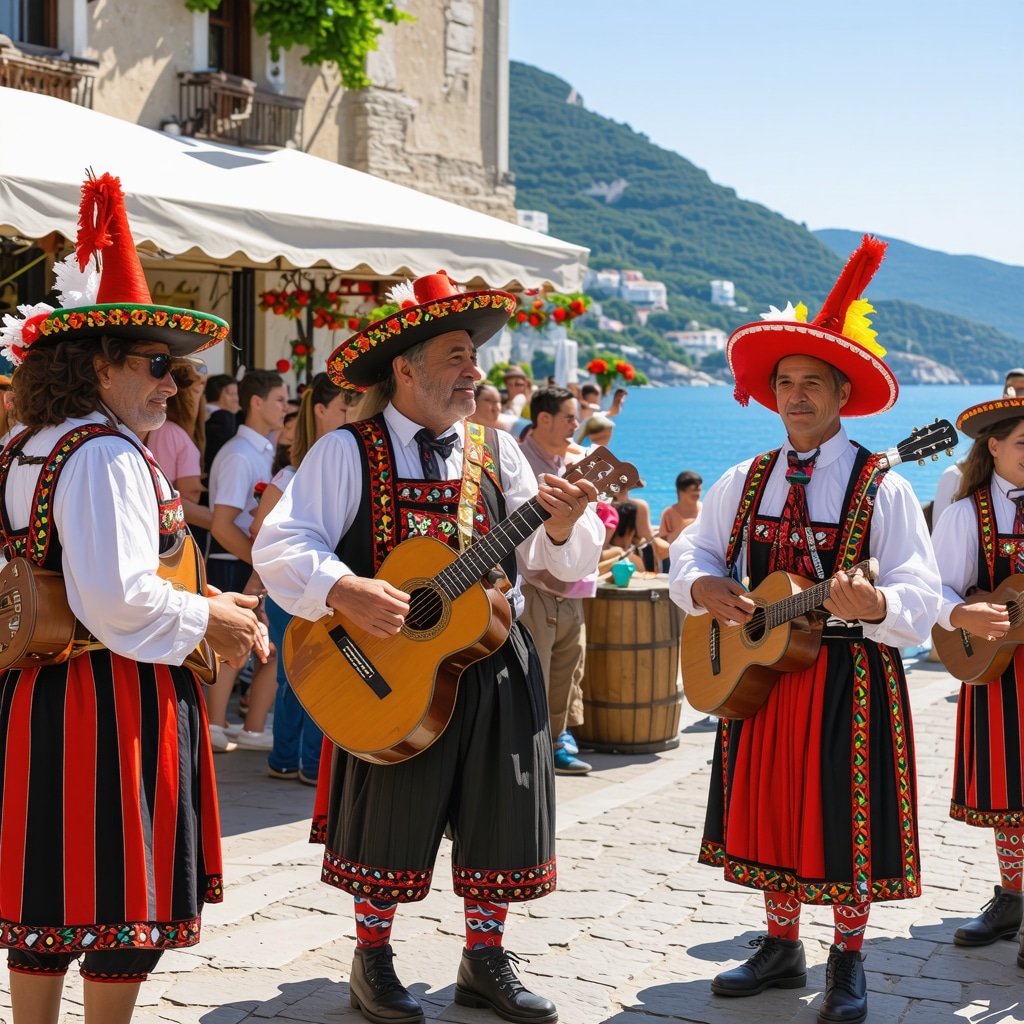 Muzicieni în costume populare și oameni dansând la festivalul local din Vodice