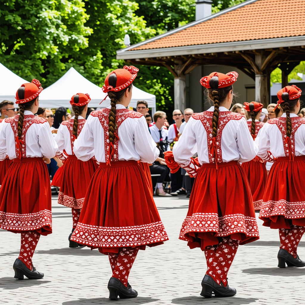 Dansatori în costume populare la un festival tradițional în București