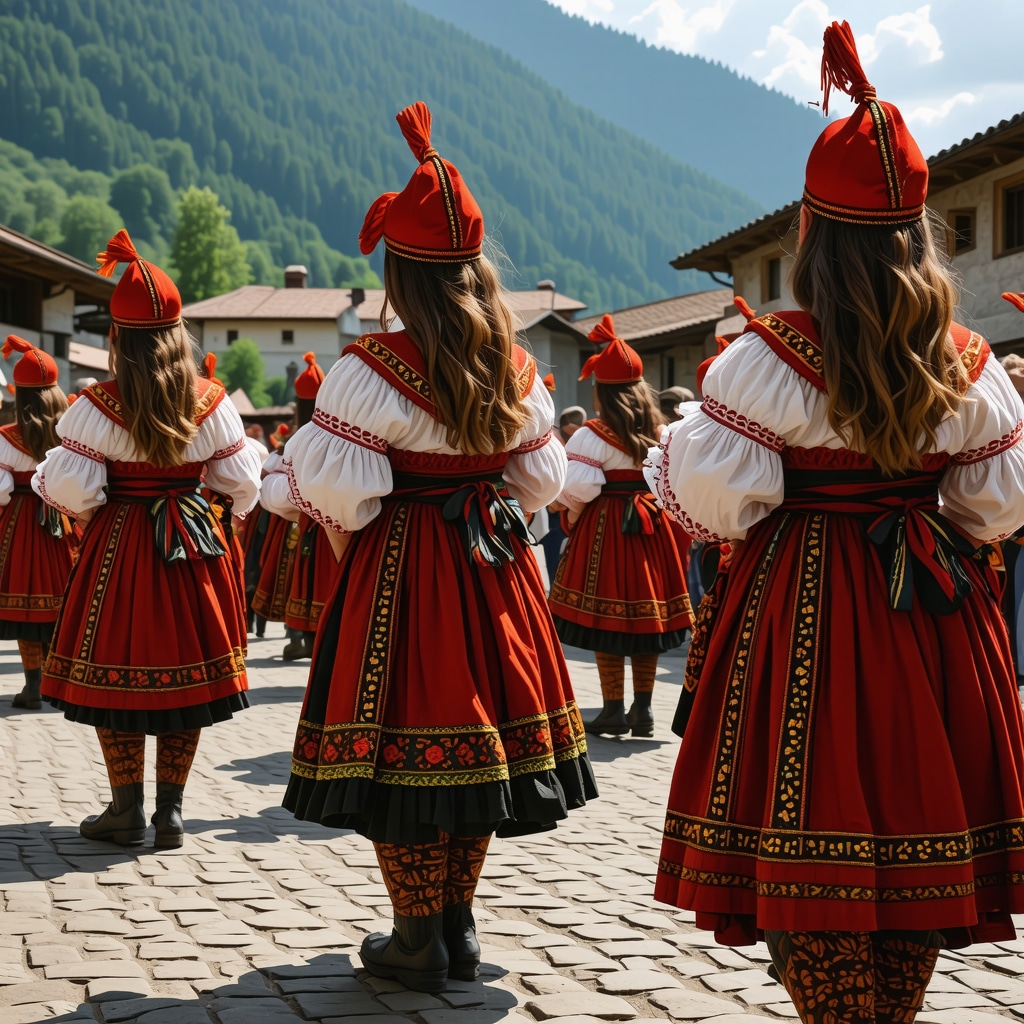 Festival tradițional montan în Balcani cu costume colorate și peisaje montane