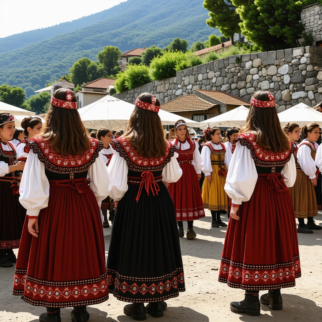 Festival tradițional montenegrin cu costume și artizanat local, culori vibrante