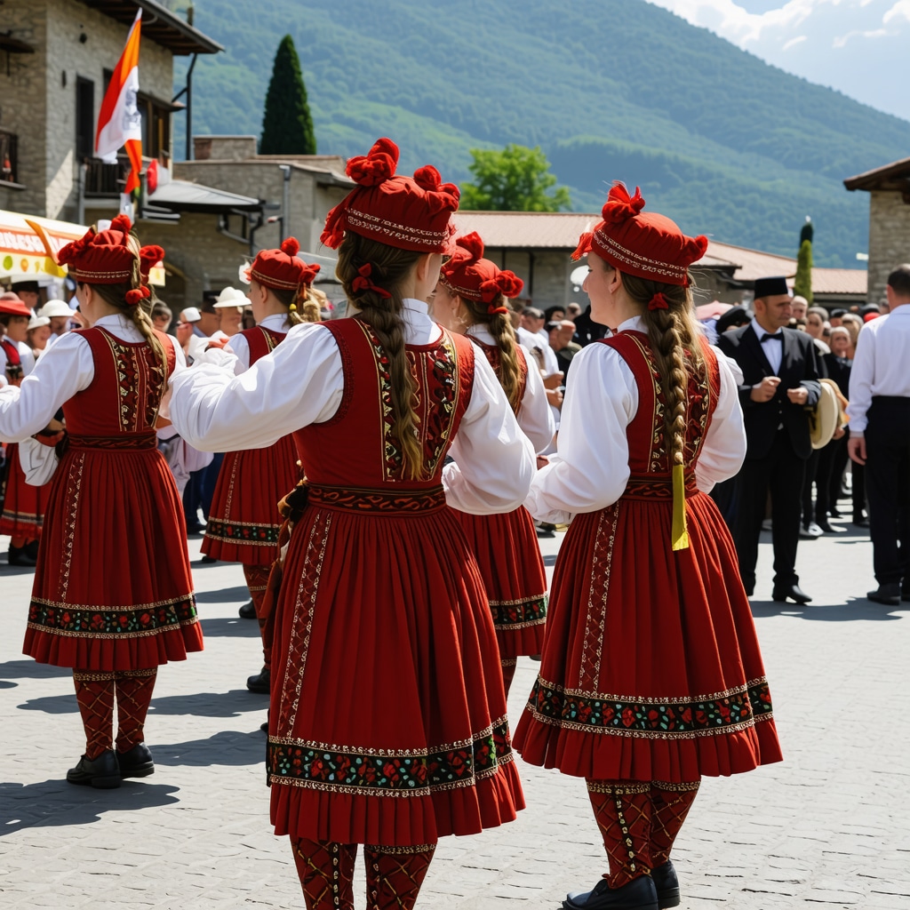 Tineri în costume tradiționale participând la un festival montan în Muntenegru