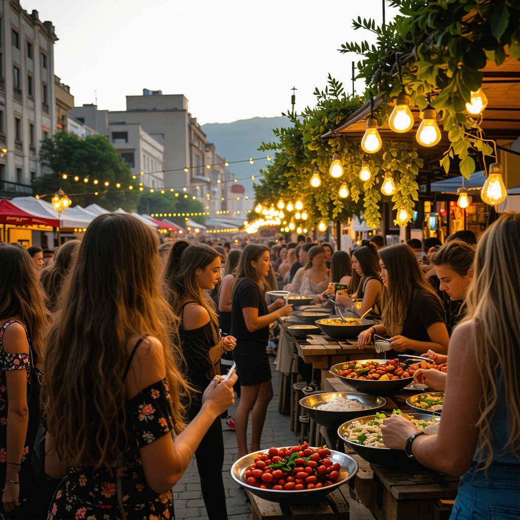 Mulțime diversă la un festival urban în Tirana 2025, cu standuri de mâncare tradițională albaneză și instalații digitale interactive