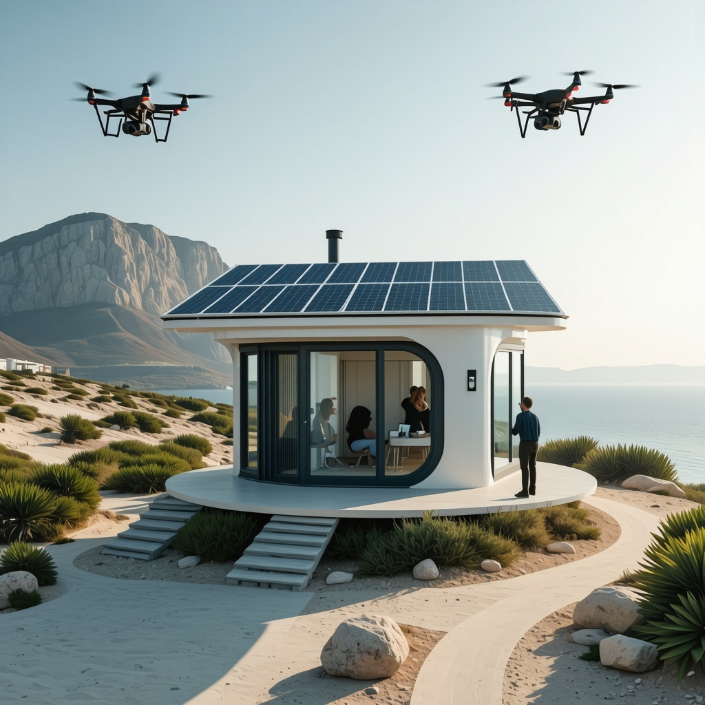 Coastal monitoring station with solar panels and drones supporting sustainable tourism in a Mediterranean island setting