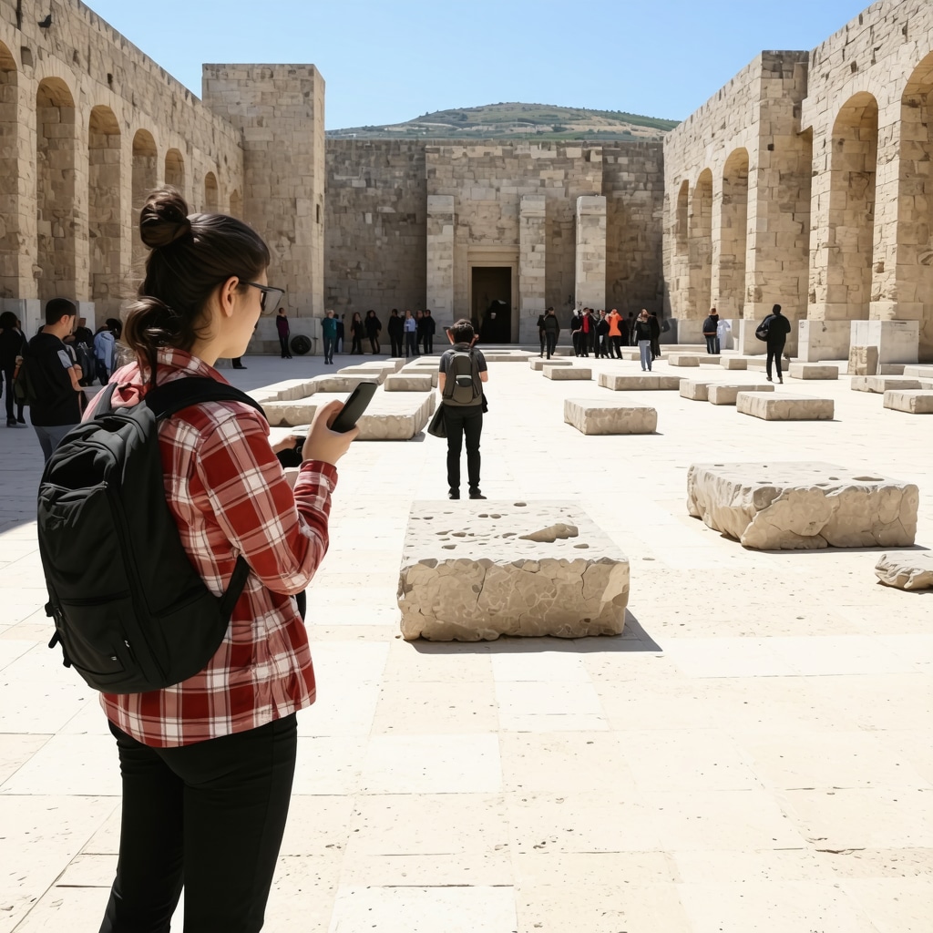 Futuristic urban cultural heritage site in Patras showcasing digital technology, biorestoration methods, and community participation