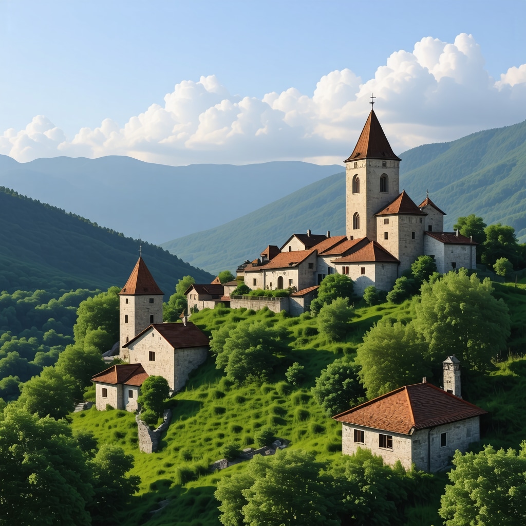 Panoramic view of Balkan region blending historical sites with modern technology, illustrating cultural evolution.