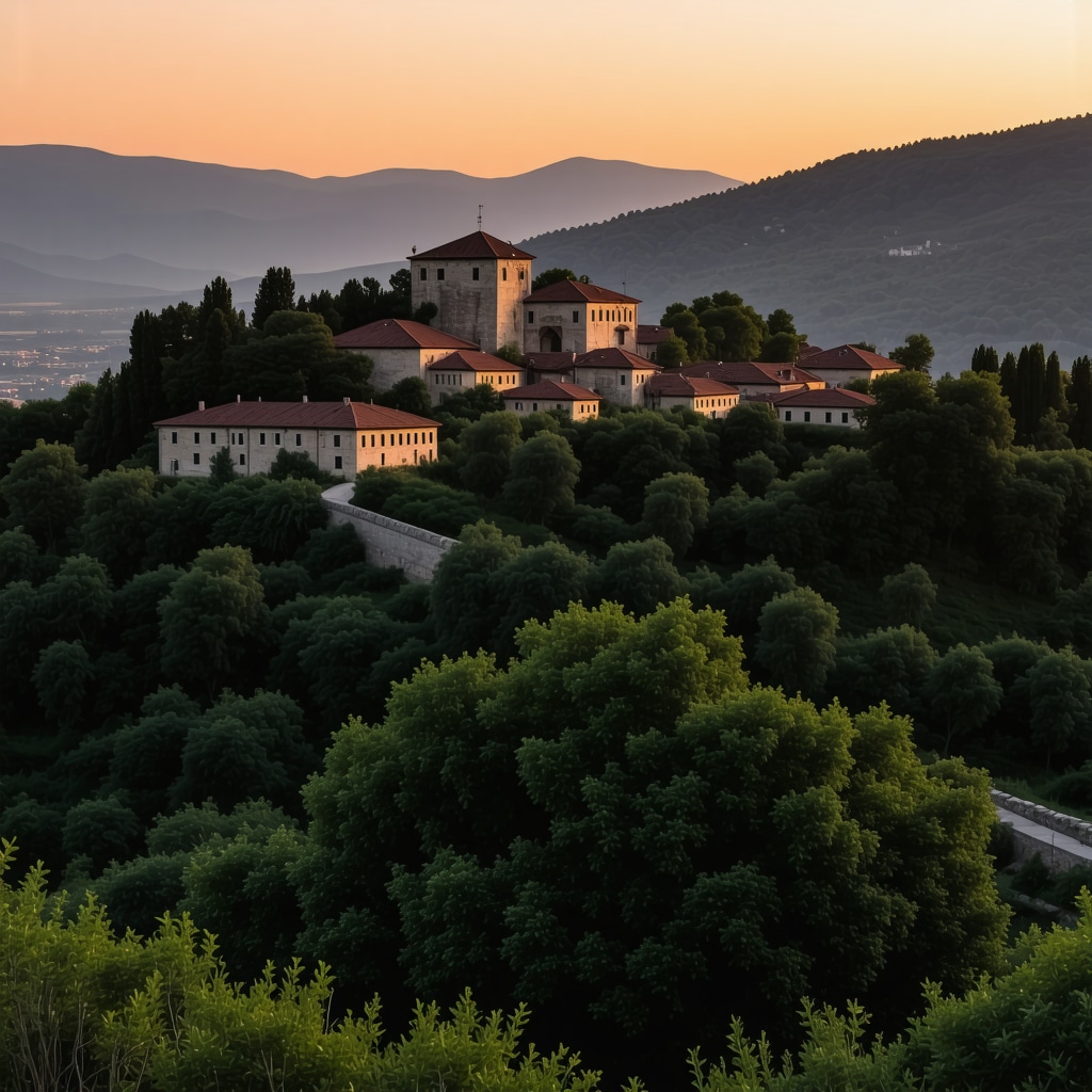 UNESCO heritage site in the Balkans with landscape and architecture at sunset