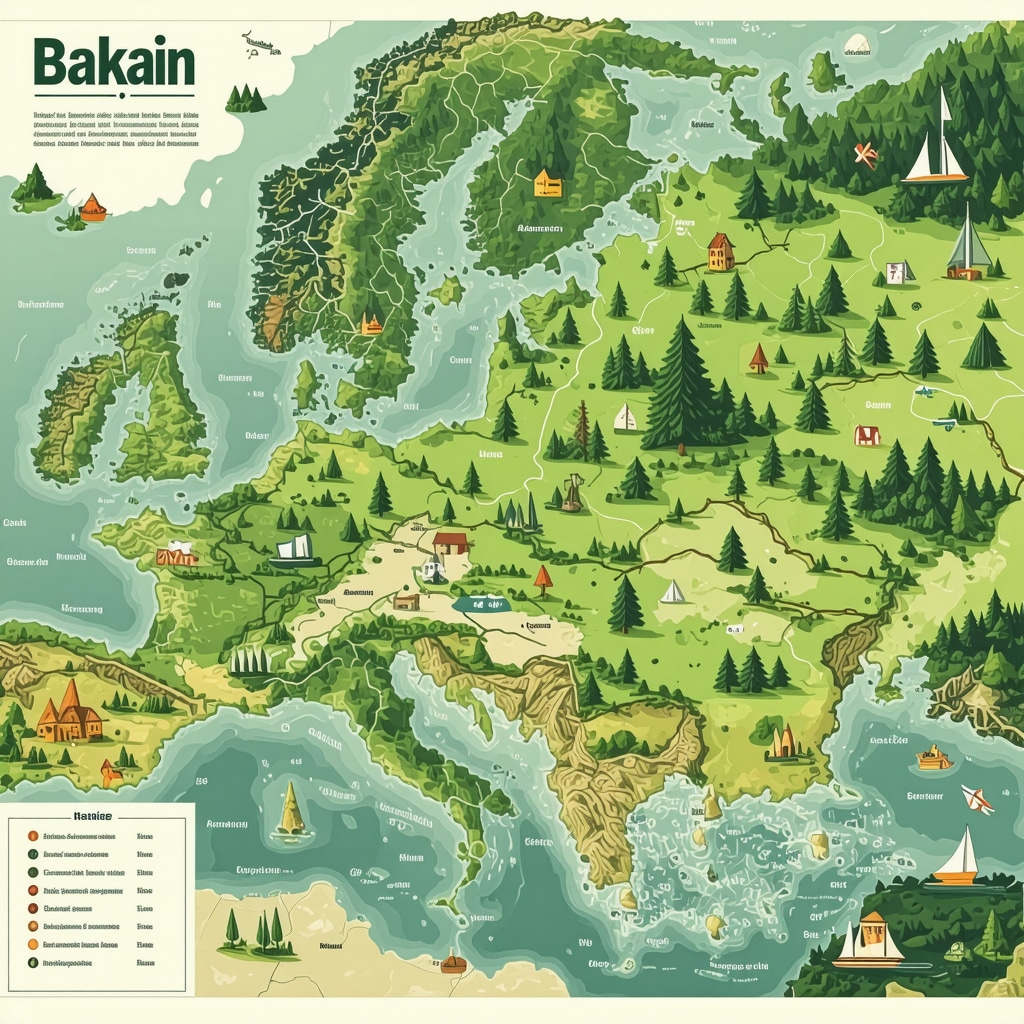 Digital map showing eco-friendly tourism hotspots in the Balkans