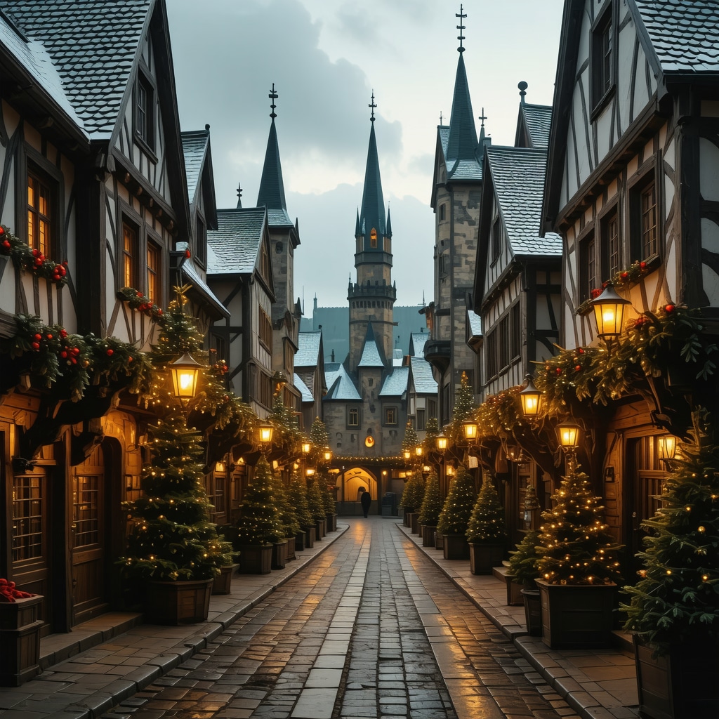 Digital augmented reality overlay on medieval town during Christmas festivity