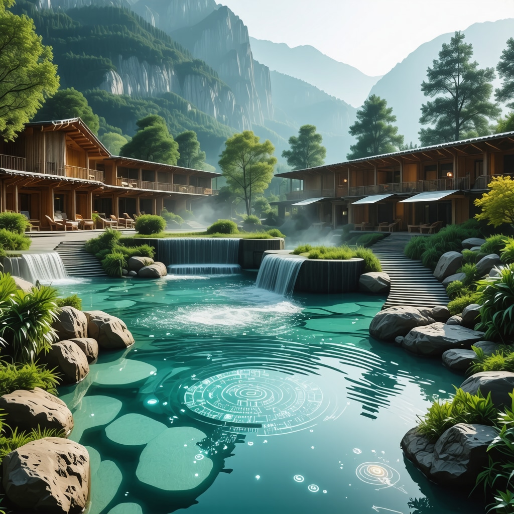 Spa resort with IoT and blockchain technology icons in natural Balkan setting with cultural festival elements
