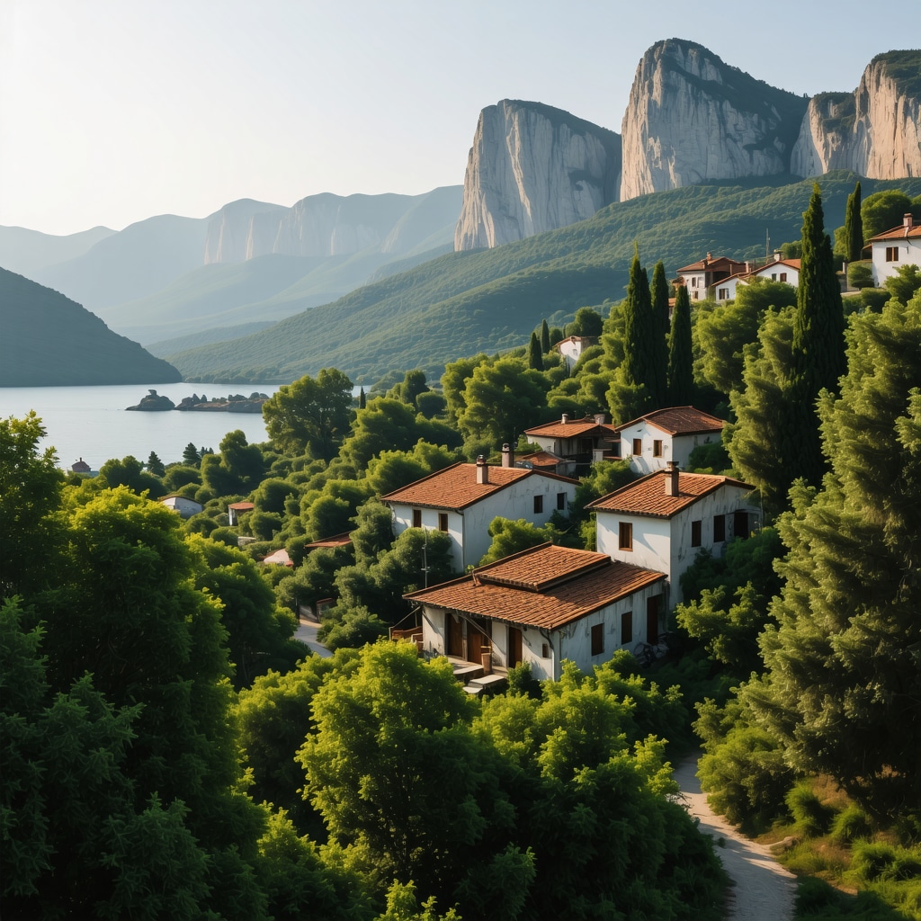 Sat tradițional balcanic cu case vechi și peisaje verzi în 2025