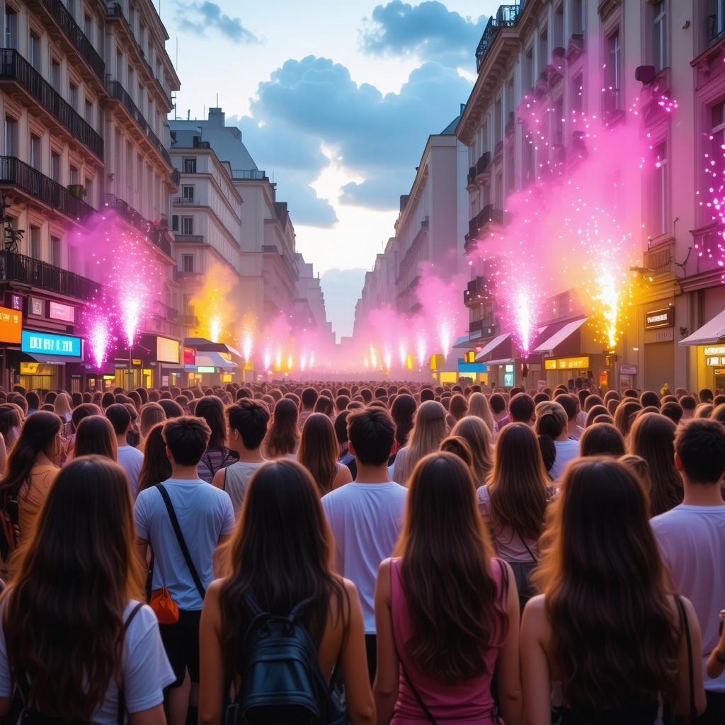 Crowds enjoying interactive street art and live music at a vibrant Bucharest festival at night