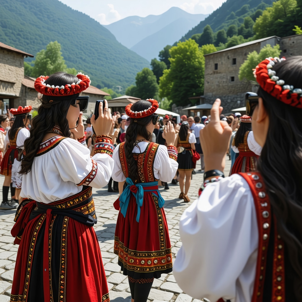 Tourists experiencing a cultural festival in Konjic with traditional costumes and augmented reality displays by the Neretva river