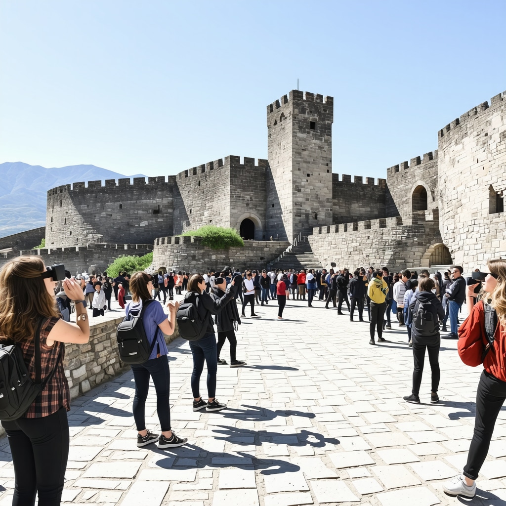 Visitors at Kruja Fortress engaging with augmented reality technology amidst medieval architecture