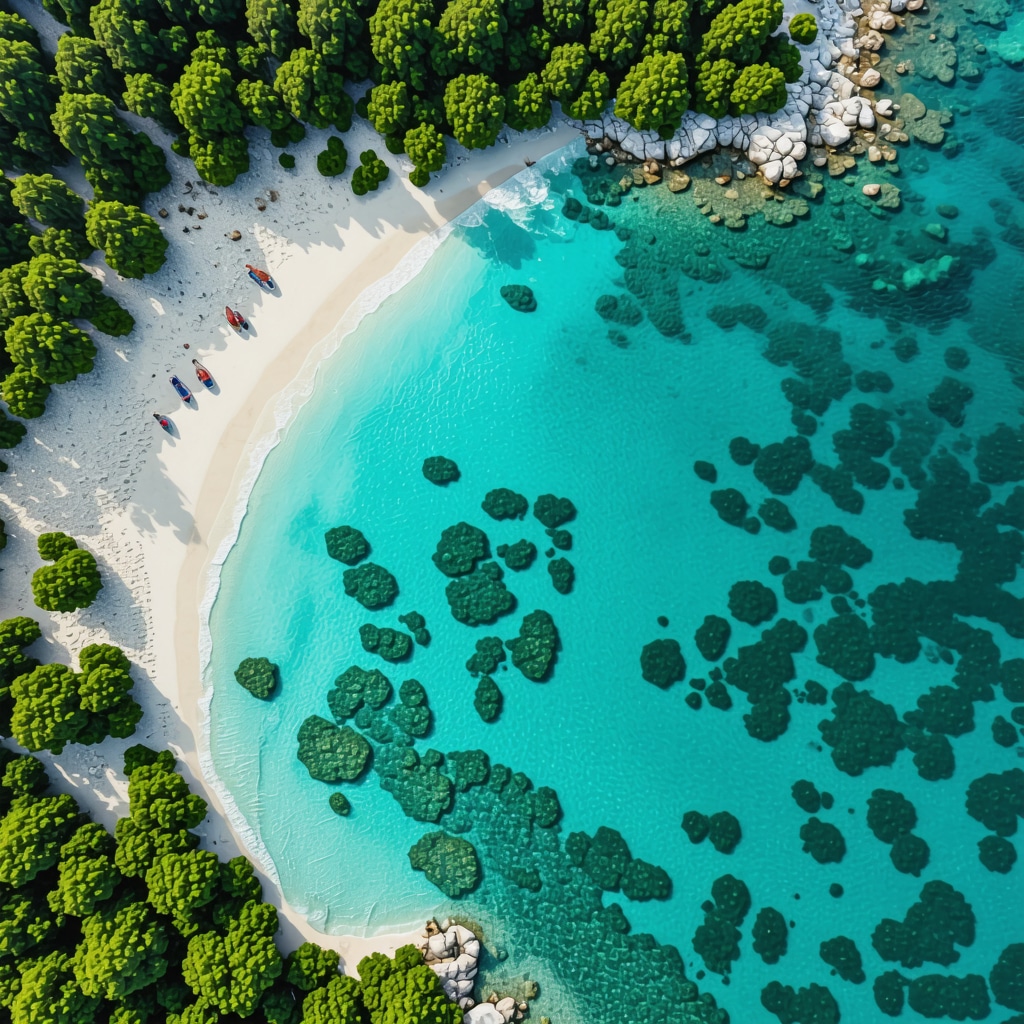 Aerial photo of Ksamil coast with turquoise sea, sandy beaches, and green vegetation illustrating sustainable tourism