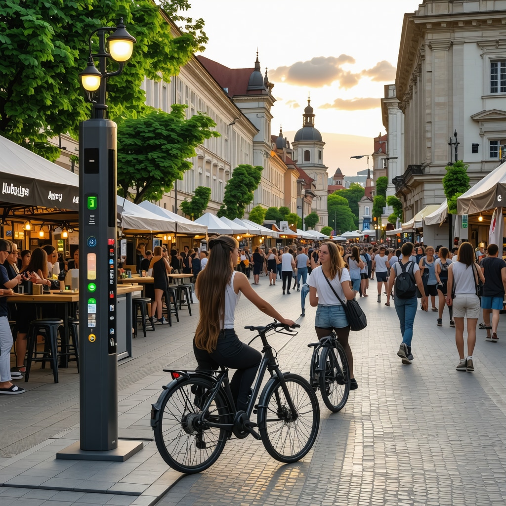 Ljubljana city center in 2025 featuring smart street lighting, electric bike stations, and cultural festival with historic buildings at sunset