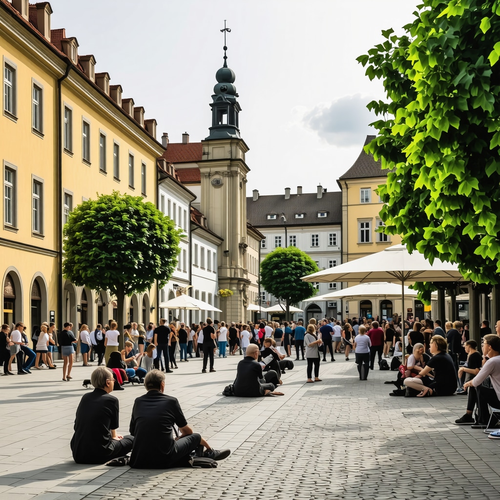 Urban scene in Ljubljana with historic buildings and green spaces filled with people