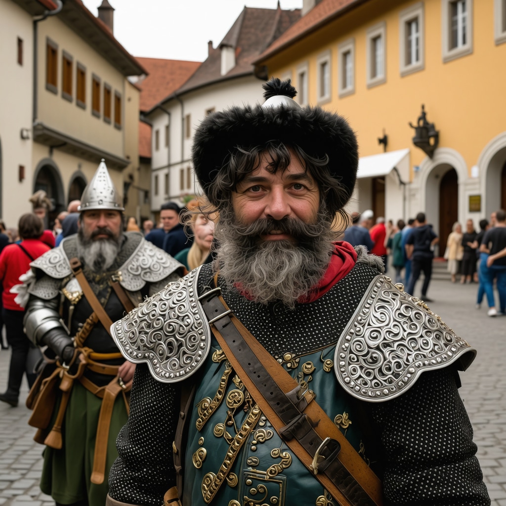 Locals dressed in medieval costumes participating in a festival with digital augmented reality overlays in Sighișoara town square
