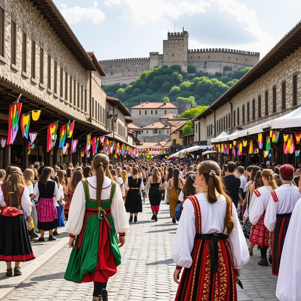 Locals in traditional costumes celebrating at a medieval festival near the historic fortress in Veliko Tarnovo