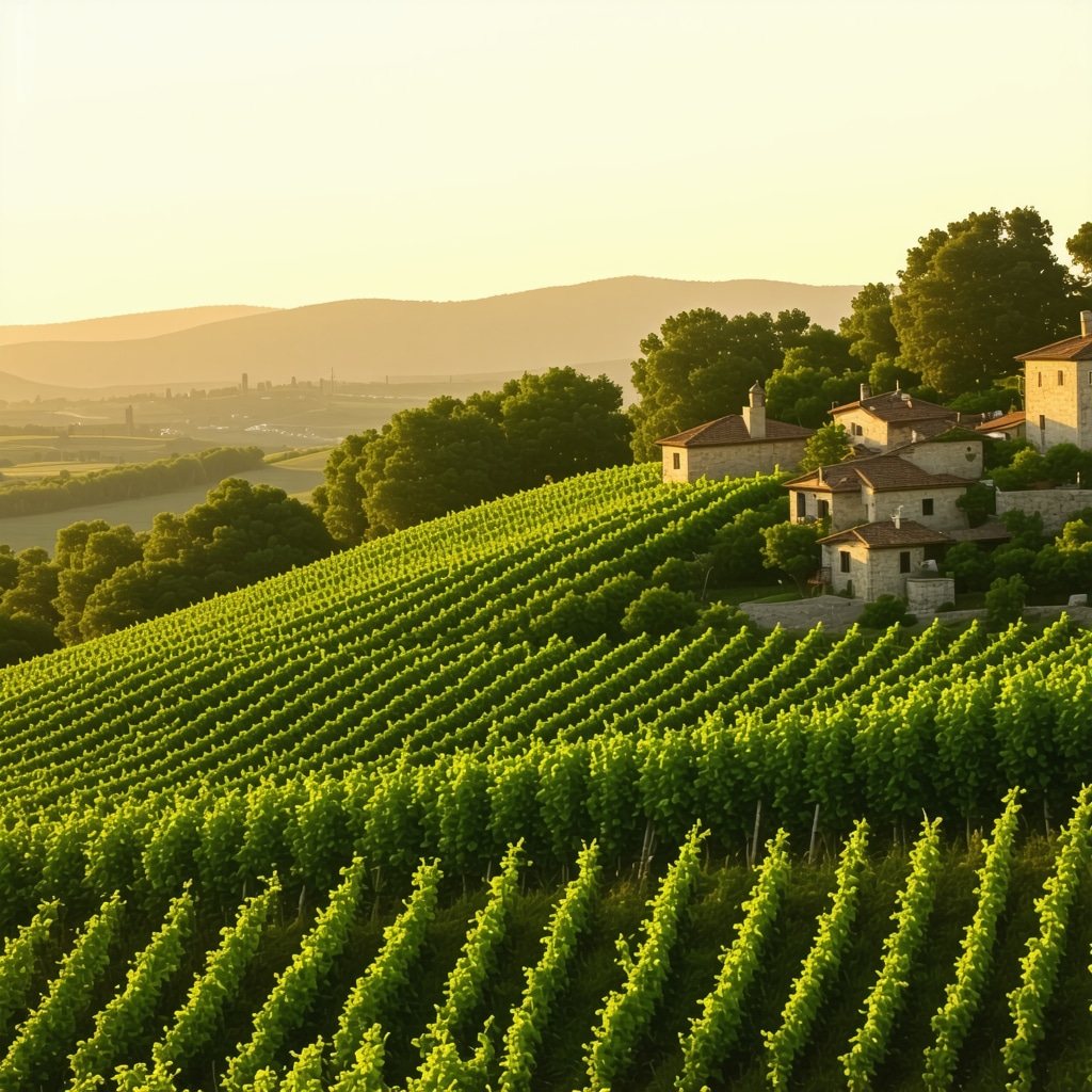 Panoramic landscape of Melnik vineyards and traditional stone houses during sunset