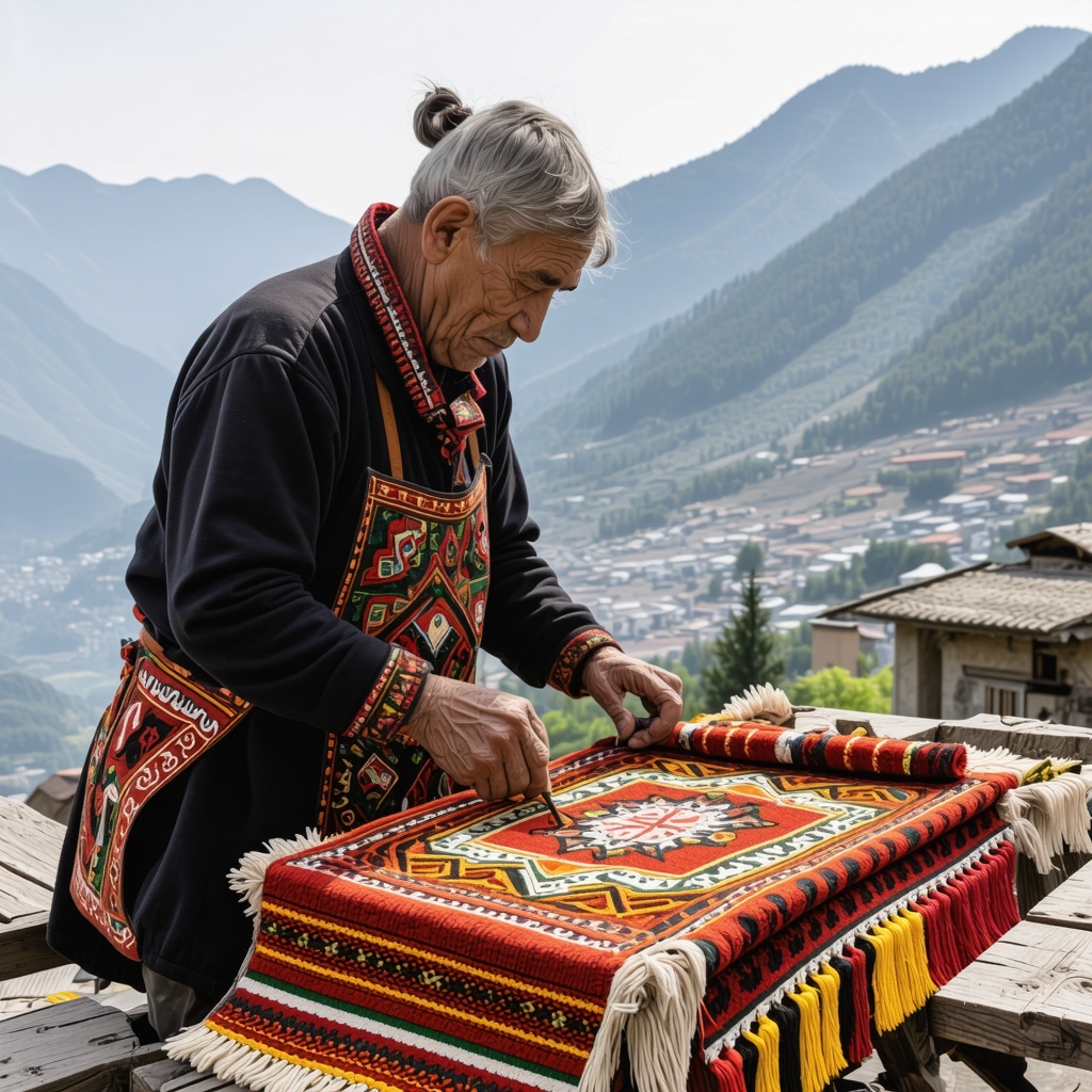 Meșteșugăreț creând textile tradiționale în Zabljak cu munți în fundal