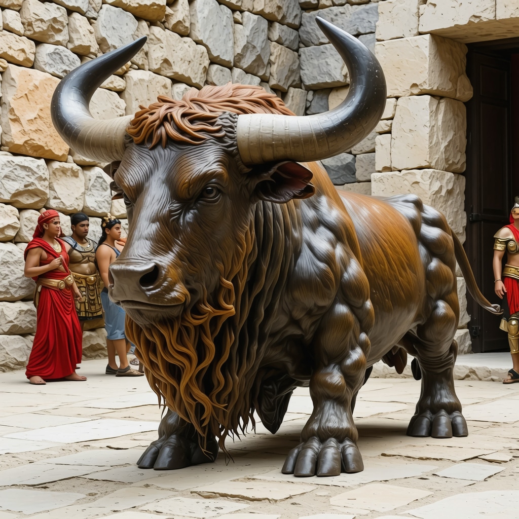 Scenă mitologică a Minotaurului în AR, peisaj cretan