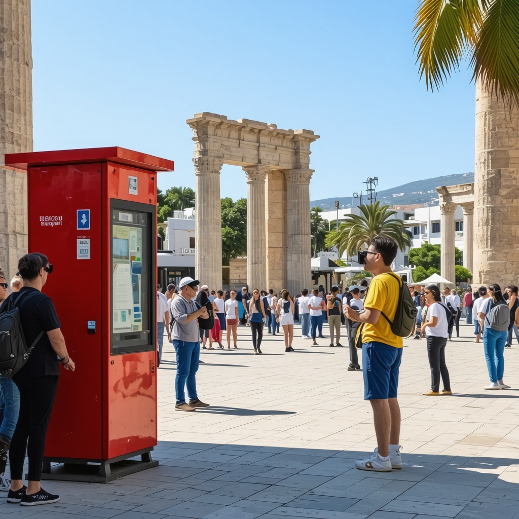 Street view in Izmir with ancient ruins and augmented reality kiosks