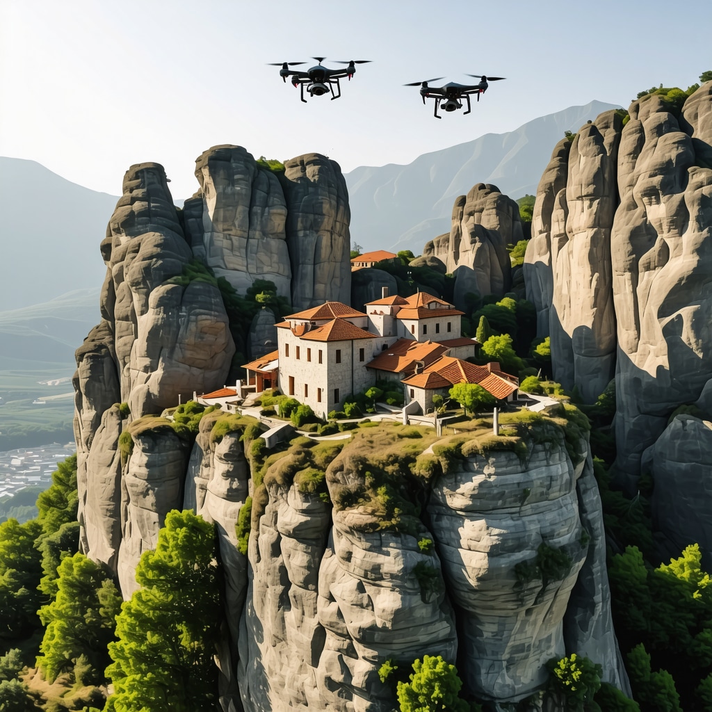 Drones flying over Meteora rock formations with monasteries, illustrating advanced conservation technology