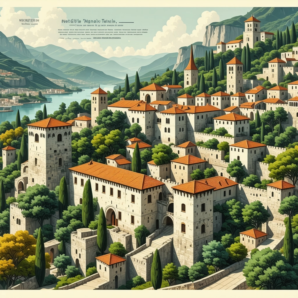 An artistic rendering of Mostar's historic sites combined with augmented reality elements.