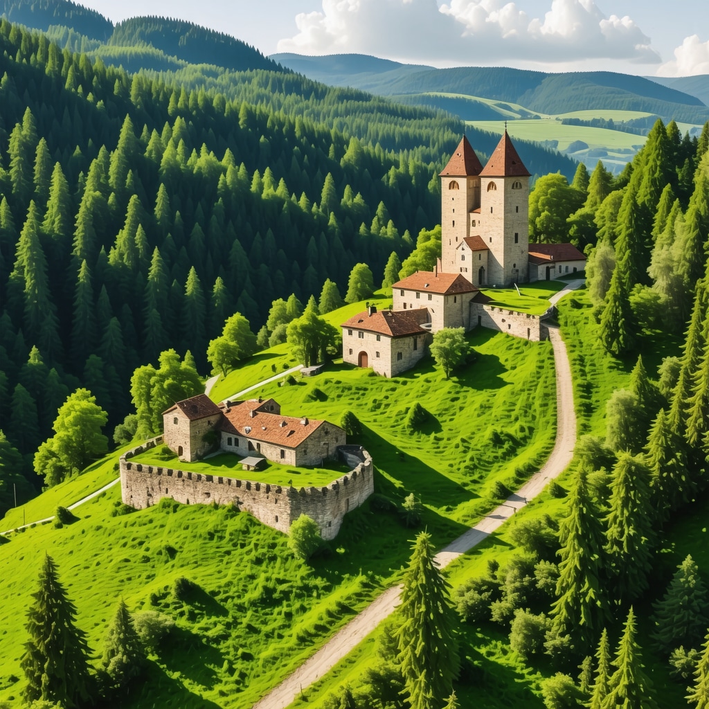 Aerial view of mountain trails and historical site in Celje Slovenia