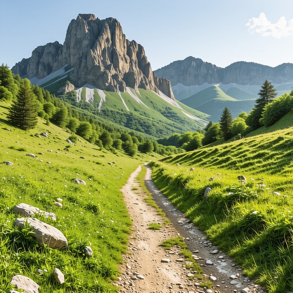 Scenic mountain trail in Durmitor, Montenegro, with lush greenery and clear sky