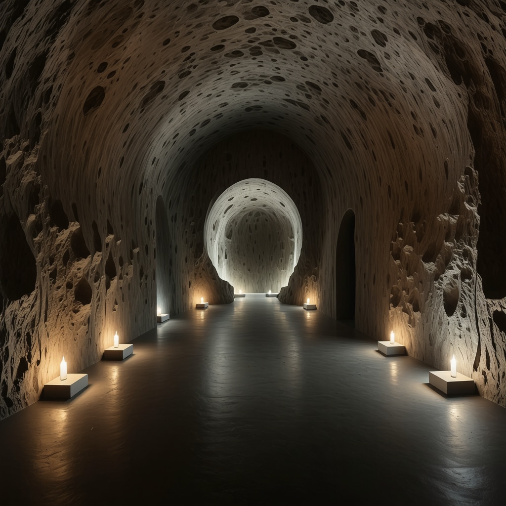 Art installation with lights, sounds, and textures evoking contemplative silentium in Meteora monasteries