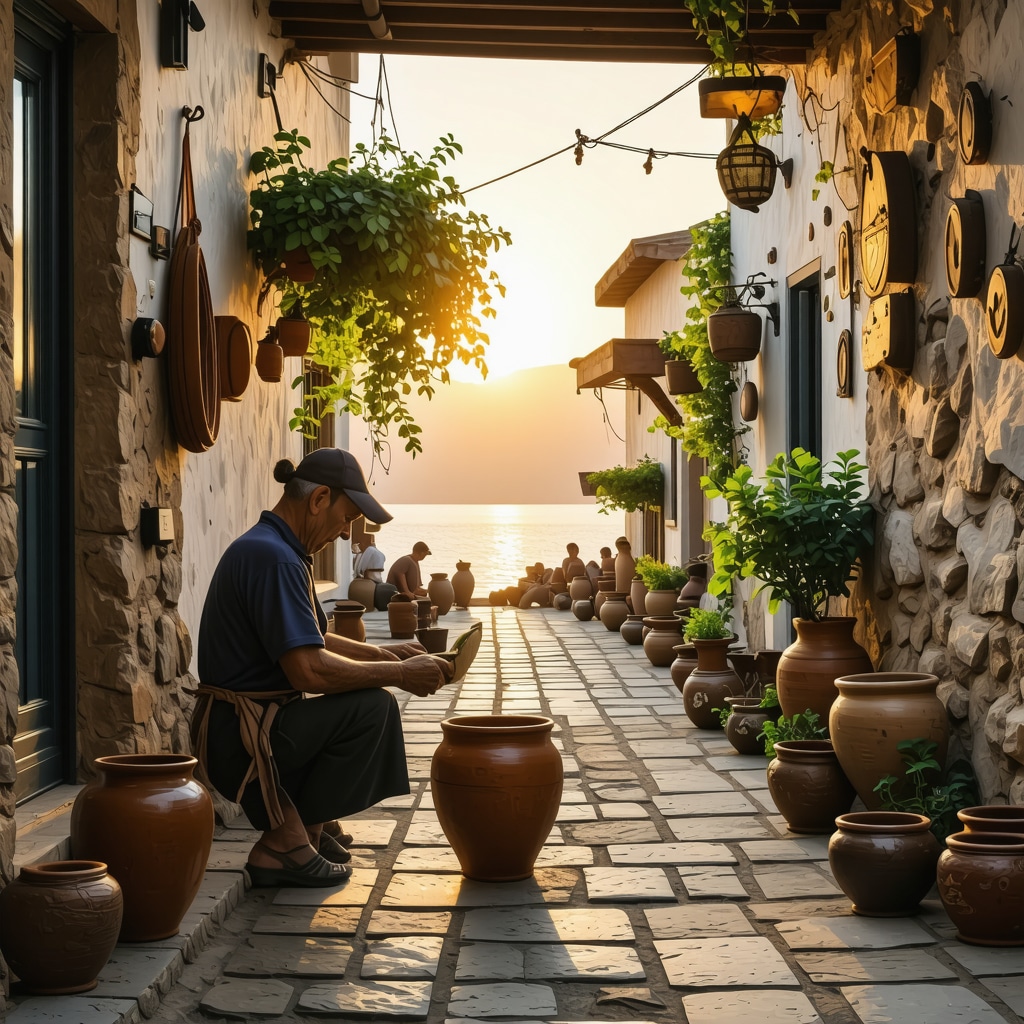 Historic Nafplio streets with artisans crafting pottery at sunset, illustrating slow travel and sustainability