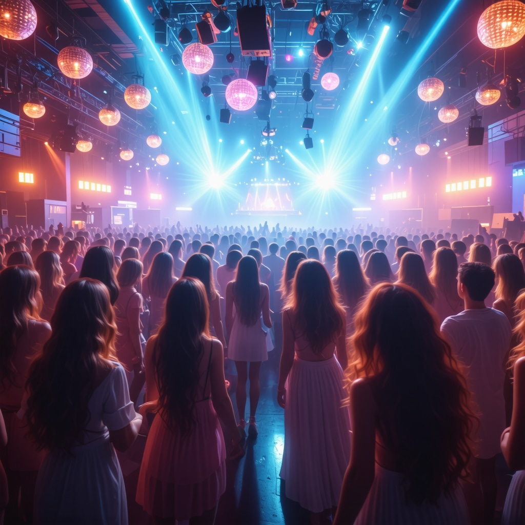 Club futurist în Mamaia cu lumini vibrante și efecte AR, oameni dansând și bucurându-se de tehnologie și tradiție