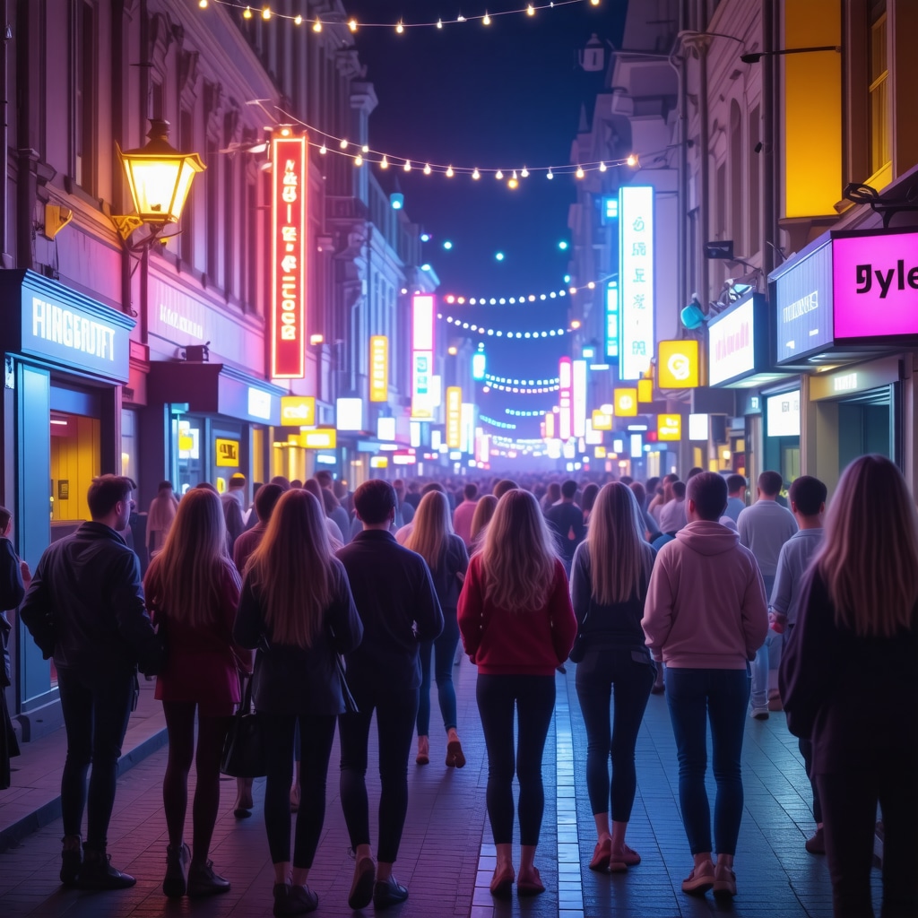 People enjoying nightlife scene in Belgrad with colorful city lights.