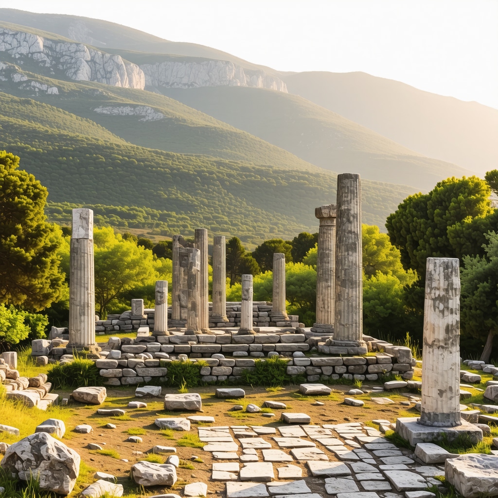 Ancient Delphi sanctuary with Omphalos stone and temple ruins on Mount Parnassus surrounded by lush mountains
