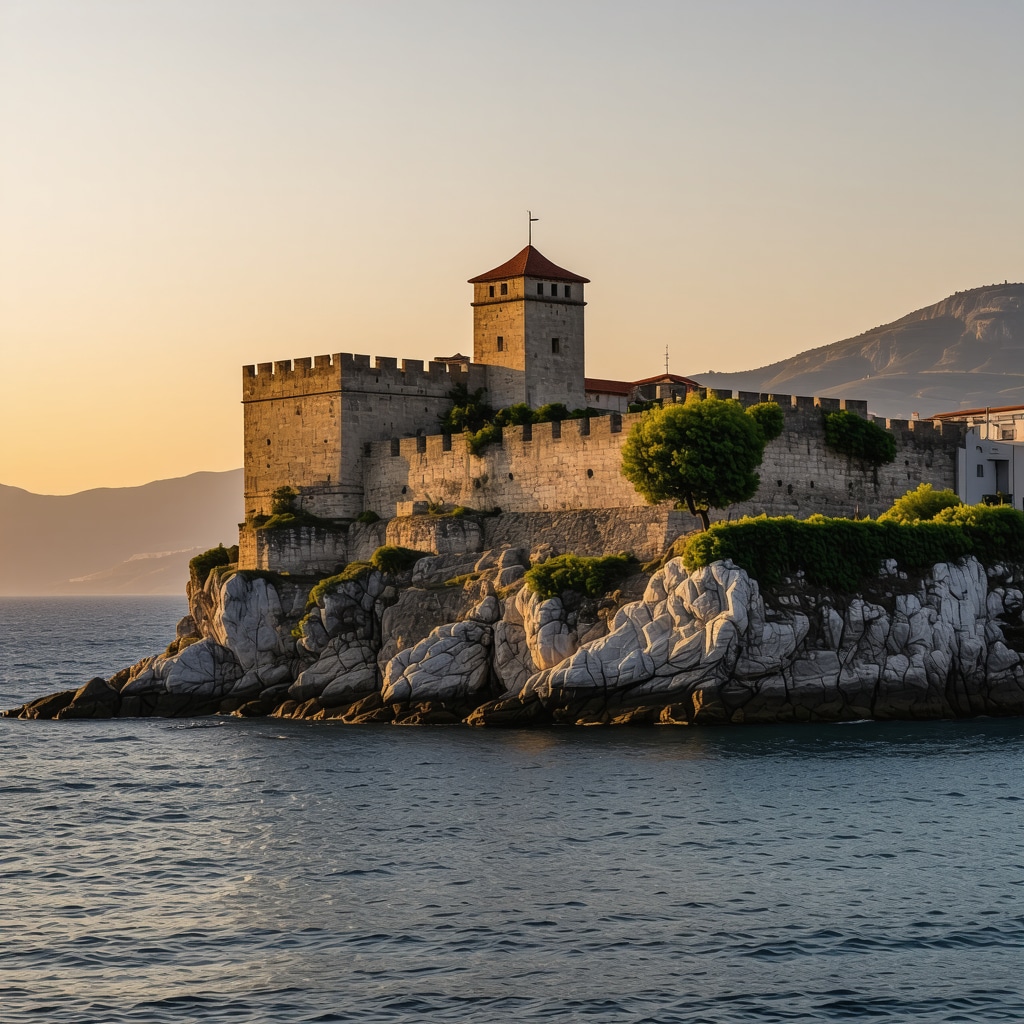 Medieval stone fortifications and watchtowers of Budva citadel overlooking the Adriatic Sea at sunset