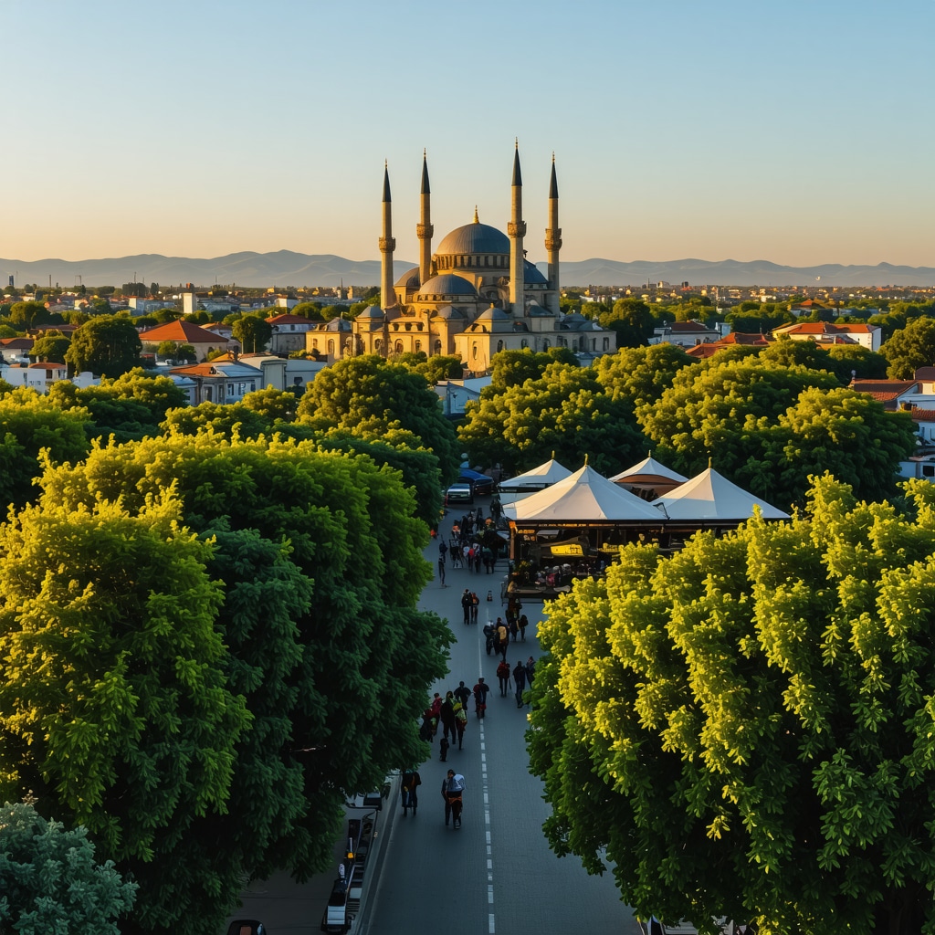 Panoramic view of Edirne with historic mosques and bustling market streets at sunrise