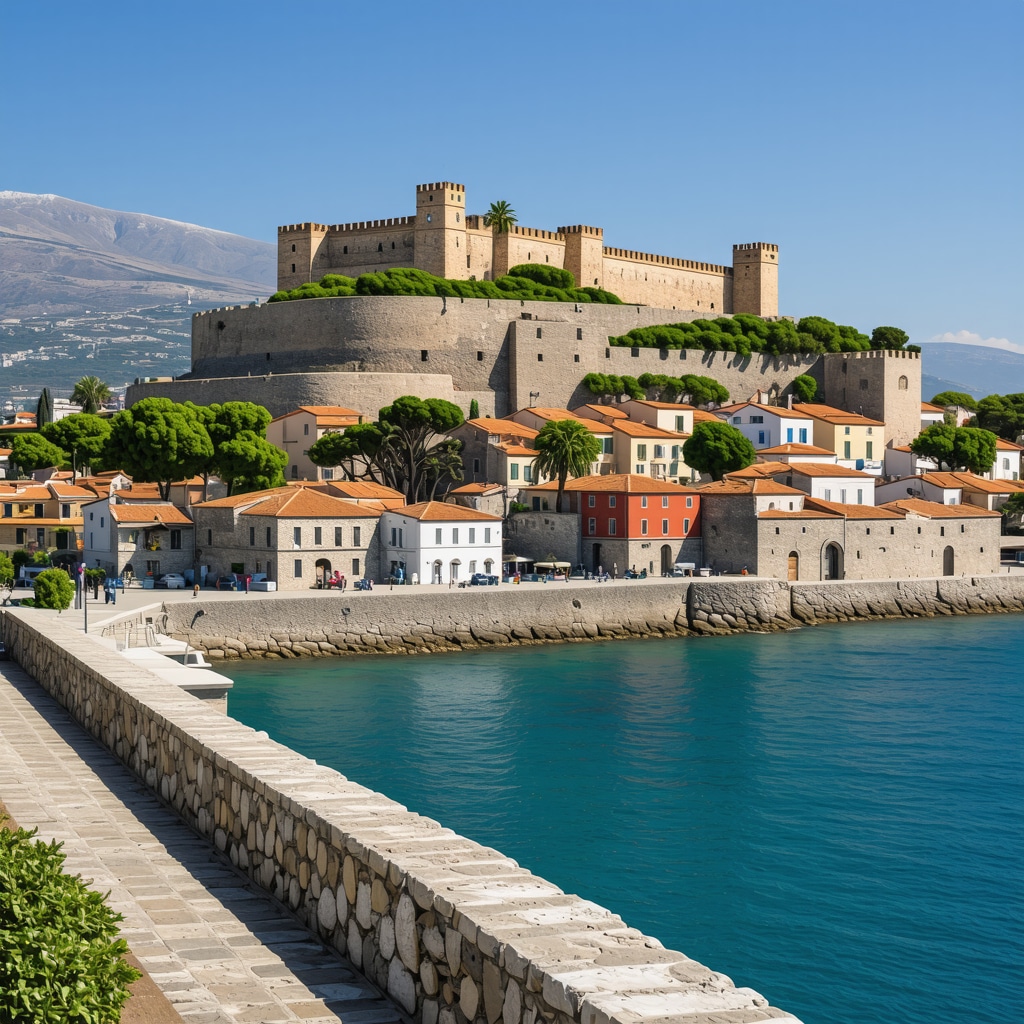 Panoramic view of Nafplio featuring Palamidi fortress, colorful old town buildings, and Aegean Sea coastline